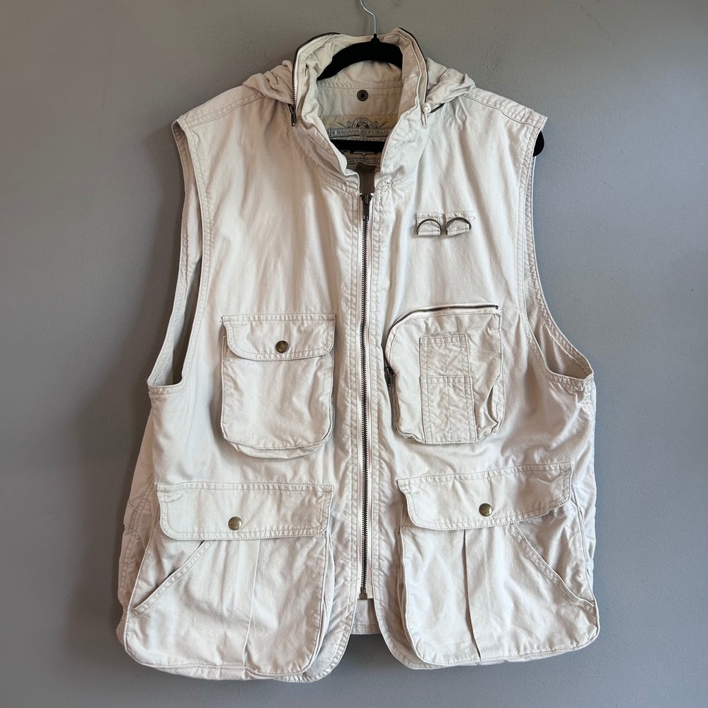 Banana Republic Safari Travel Vest Mens Medium Khaki Cotton Utility Hooded M